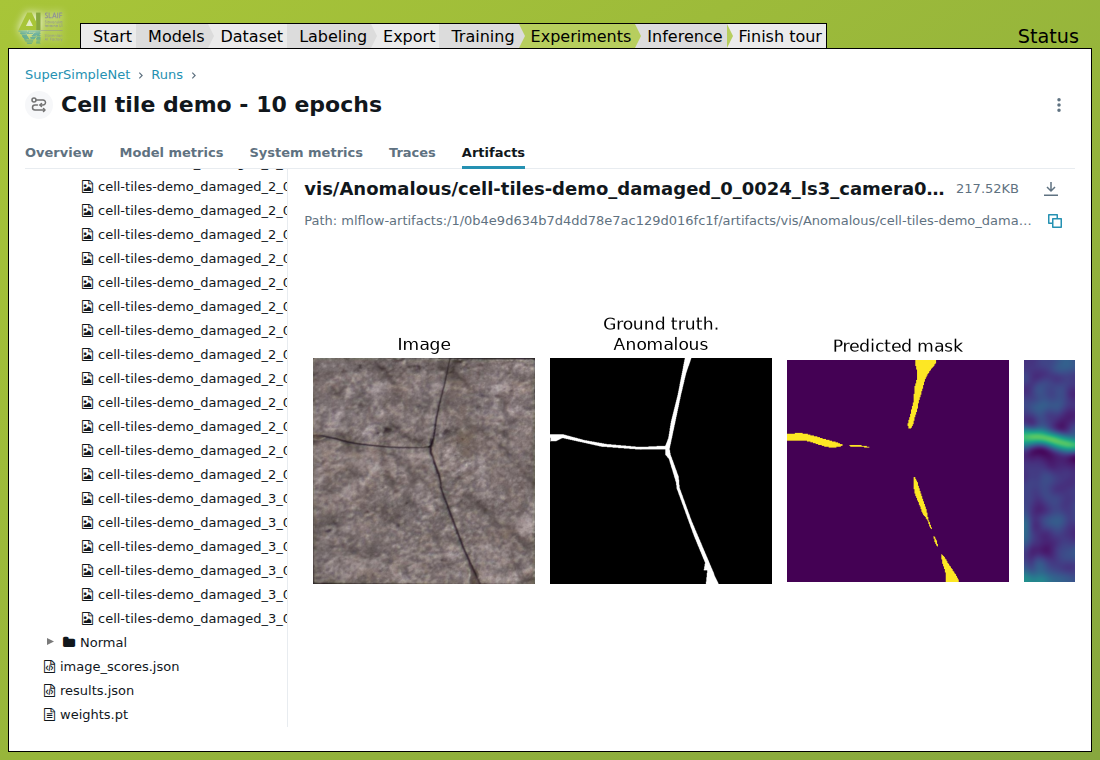 Stran Artifacts v MLflow z weights.pt in vizualizacijo neobičajnega validacijskega vzorca.