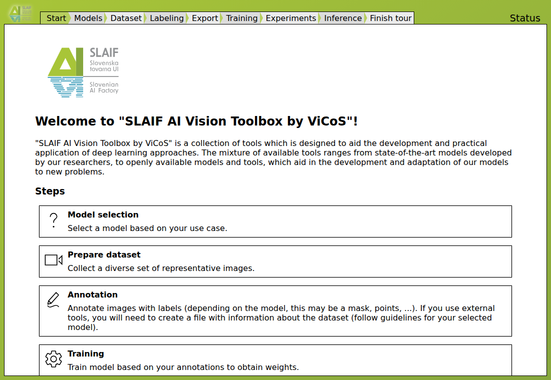 SLAIF start page with the complete guided tour from Start to Finish tour.