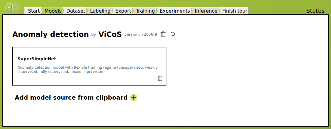 Models page with SuperSimpleNet installed under Anomaly detection.