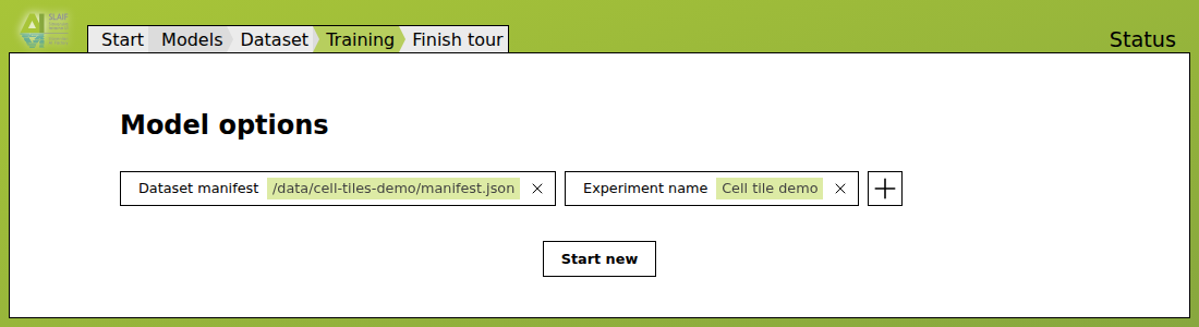 Training options with the cell tile manifest and experiment name.