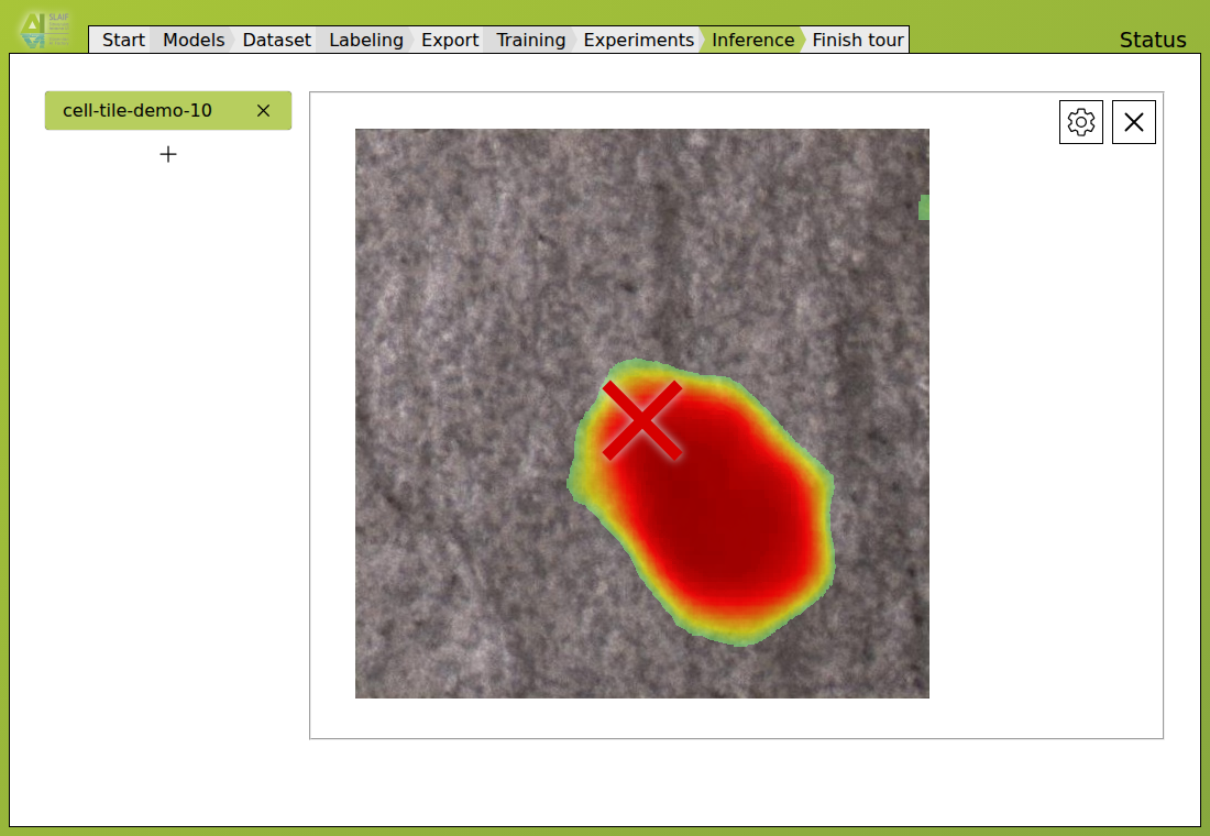 Named inference worker showing a localized anomaly map on a defective cell tile.